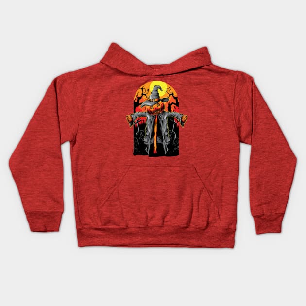 Pumpkin Scarecrow Cemetery Halloween Kids Hoodie by Printaha